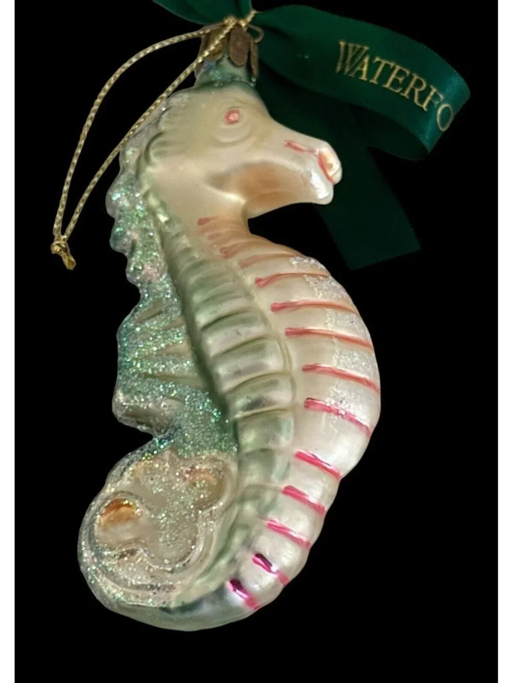 Waterford Holiday Heirlooms Seahorse Blown Glass Ornament Green Bow
